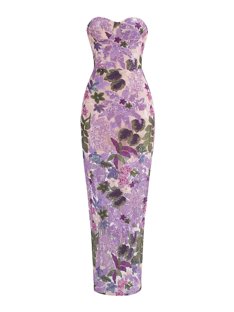 Abito Lungo Floreale con Paillettes Senza Spalline