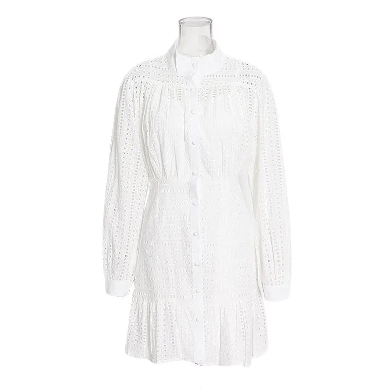 Elegante abito a camicia con collo alla coreana traforato