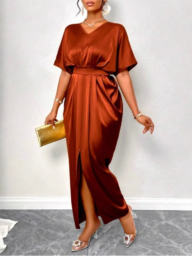 Satin V-neck Short Sleeve Dress
