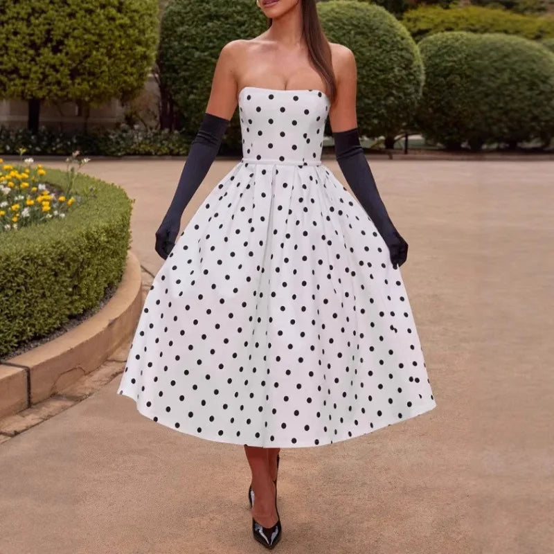 Vestito midi a pois senza spalline e con scollo bardot