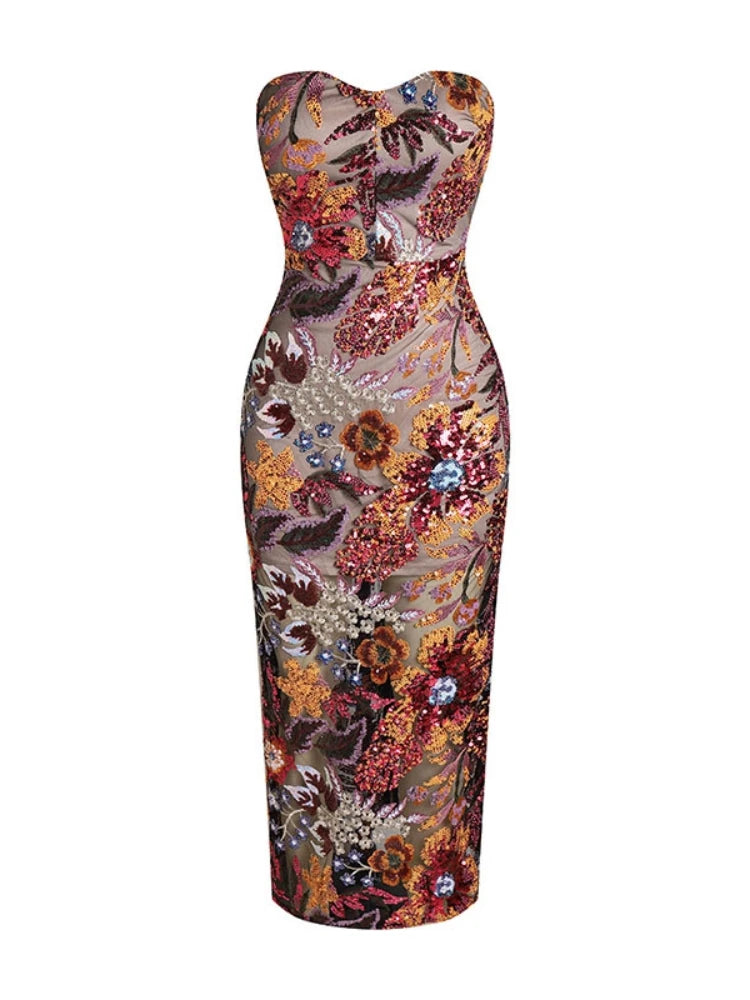 Abito Lungo Floreale con Paillettes Senza Spalline