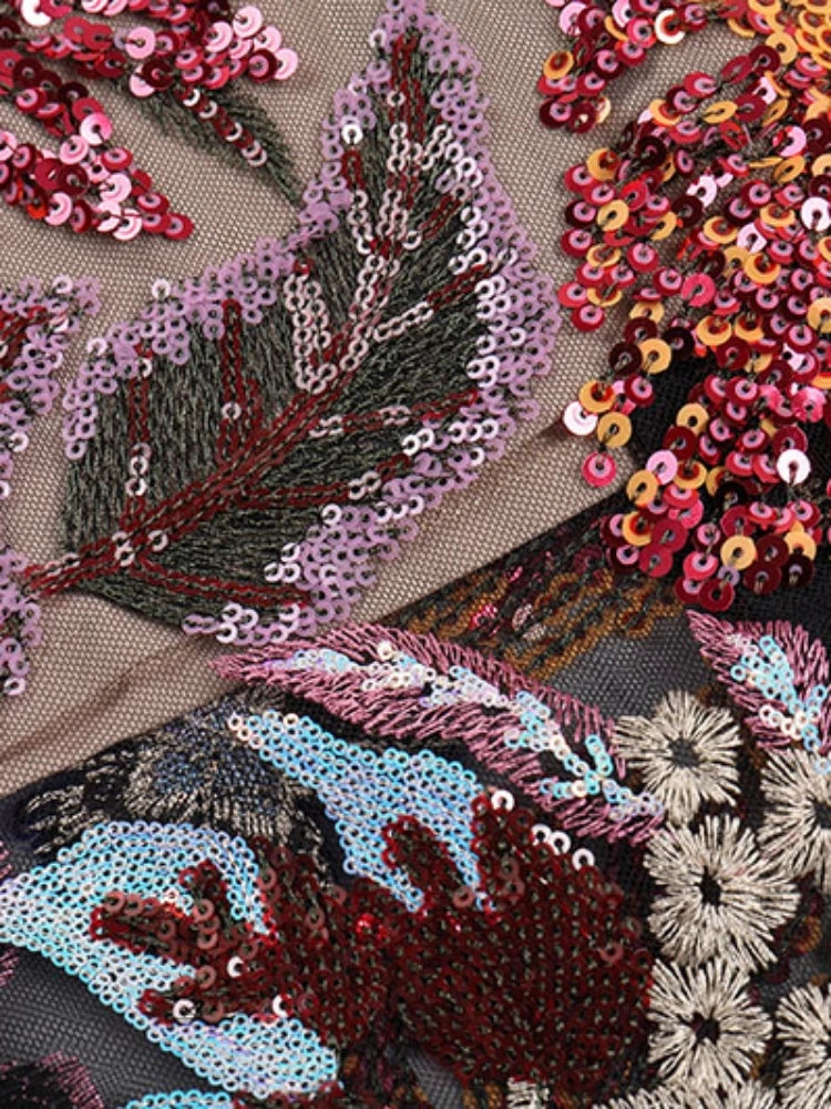 Abito Lungo Floreale con Paillettes Senza Spalline