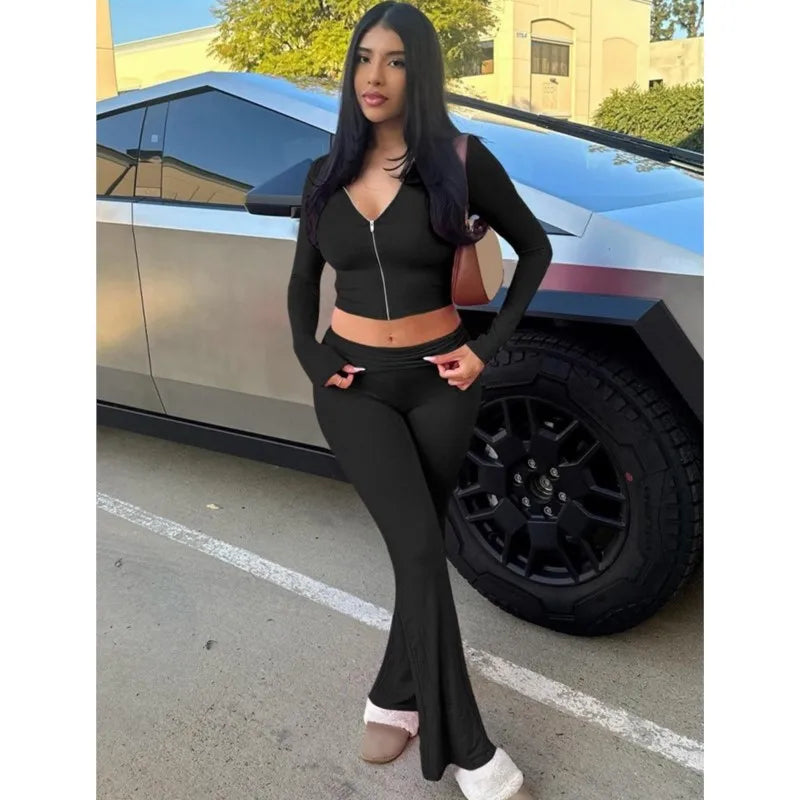 2 Piece  Flare Pants & Zipper Hoodie Matching Set