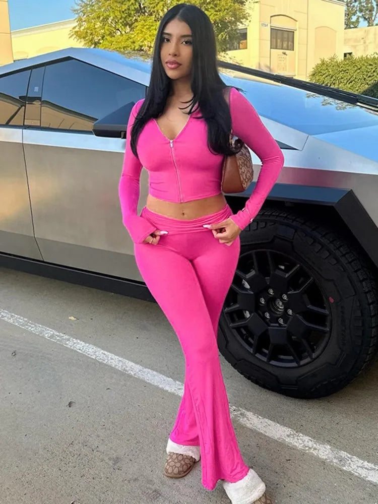 2 Piece  Flare Pants & Zipper Hoodie Matching Set