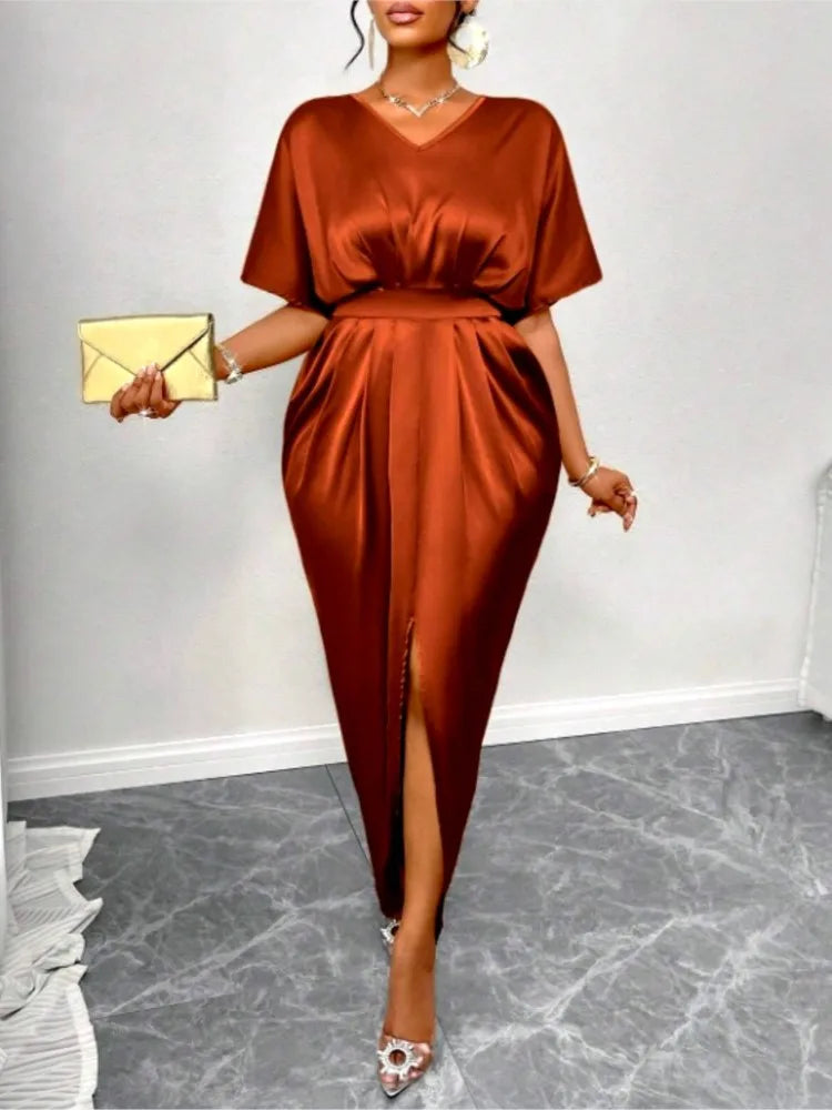 Satin V-neck Short Sleeve Dress