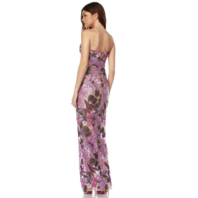 Abito Lungo Floreale con Paillettes Senza Spalline