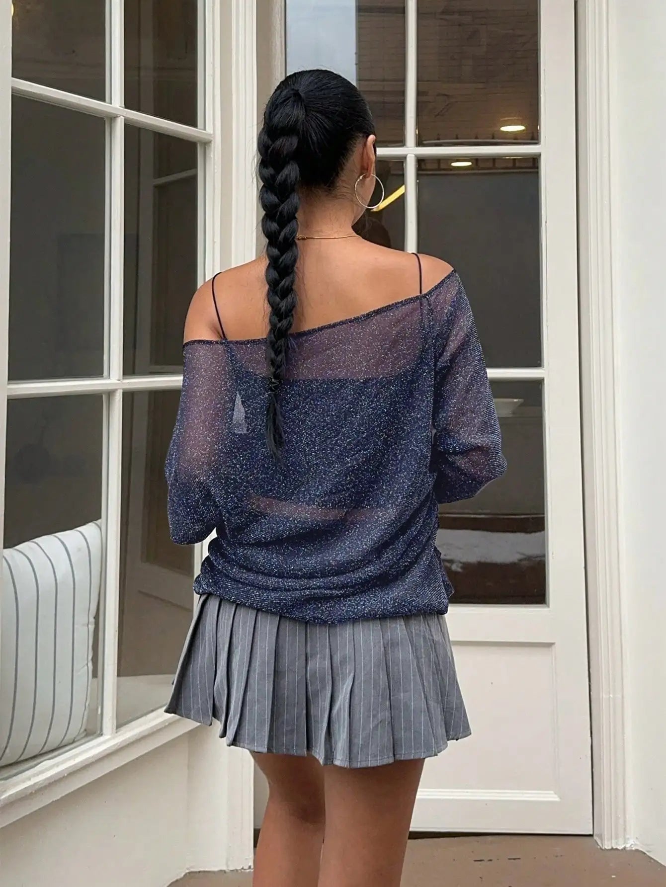 Glitter Mesh Batwing Sleeve Top