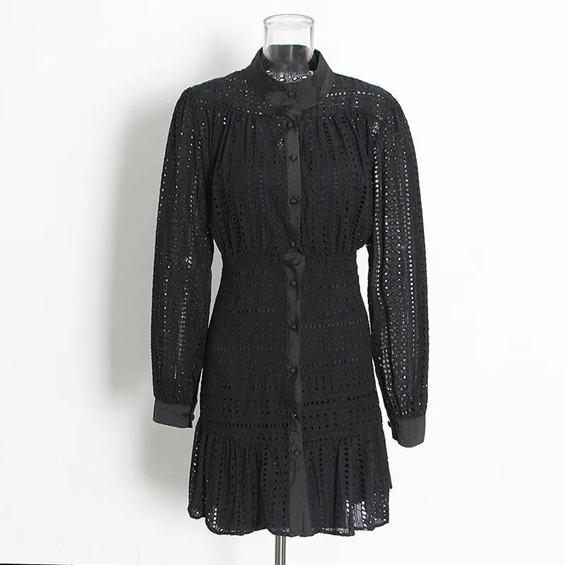 Elegante abito a camicia con collo alla coreana traforato