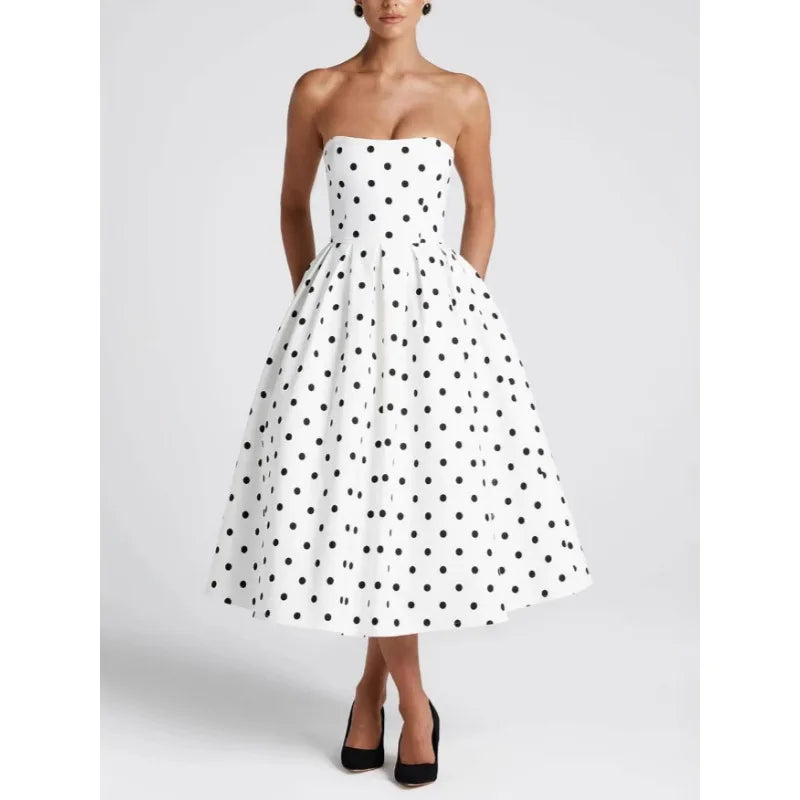 Vestito midi a pois senza spalline e con scollo bardot