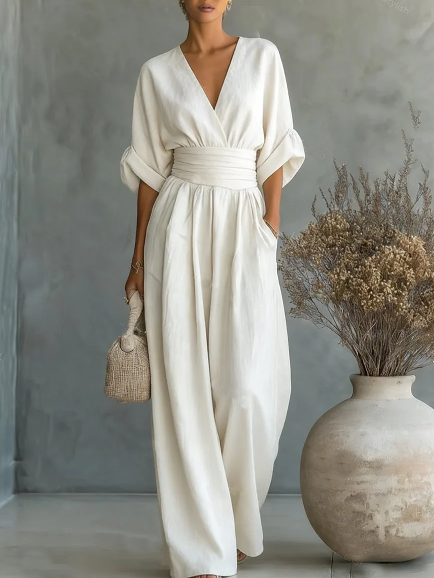 Elegante tuta intera scollo a V con vita alta