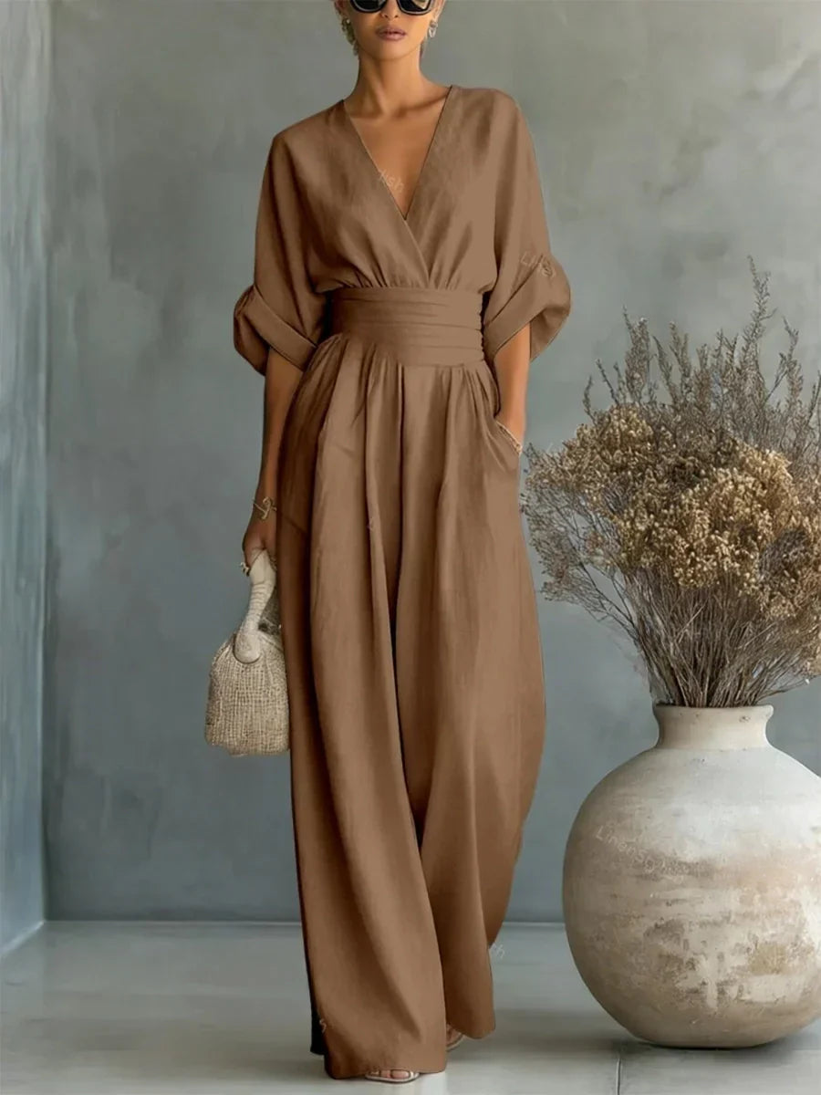 Elegante tuta intera scollo a V con vita alta