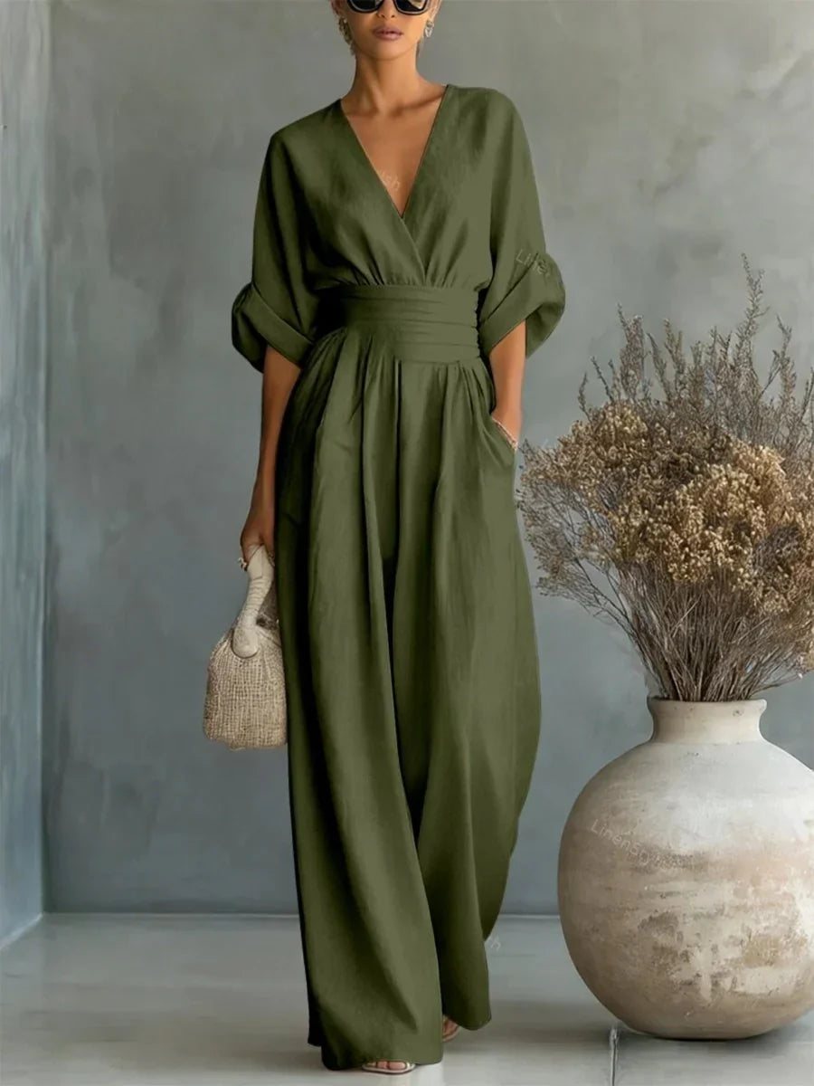 Elegante tuta intera scollo a V con vita alta